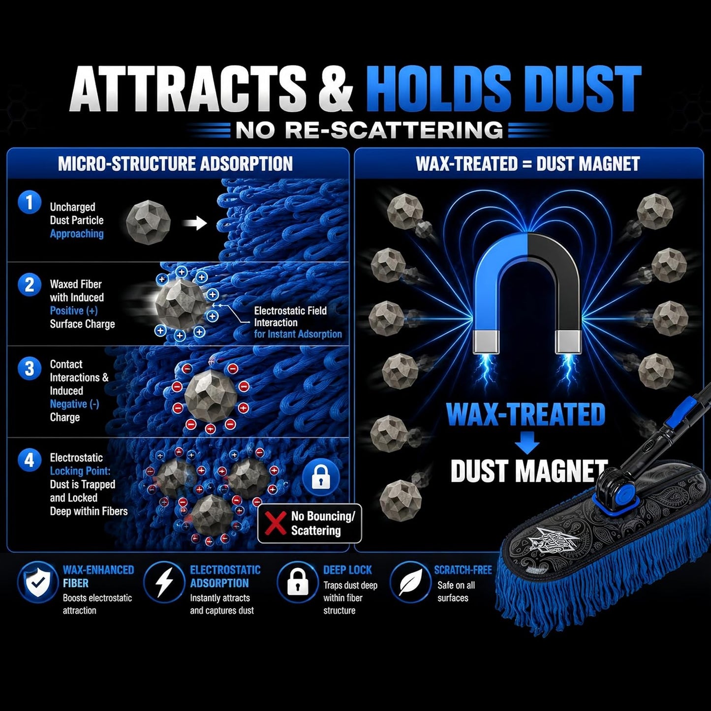 Flash Dog Car Duster Exterior & Interior Duster Aluminum Alloy Extendable Handle and Wax Cotton Strands Scratch-Free Cleaning for Cars, SUVs, RVs | Waterless Dust & Pollen Remover