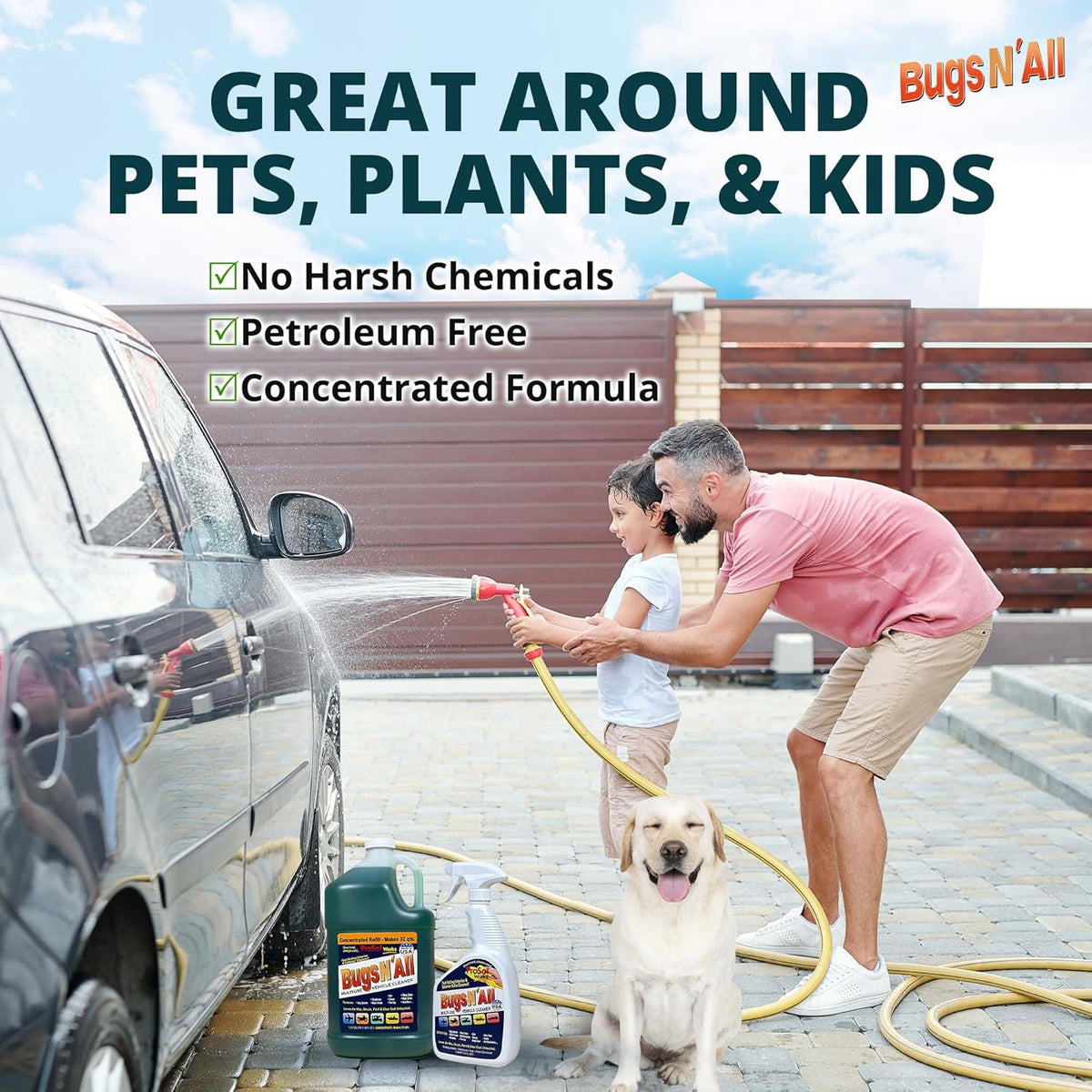 Bugs N’ All Multipurpose Car Cleaner & Degreaser - Bug & Tar Remover Concentrate 4 oz - Exterior Cleaner Safe for Car Paint, Metal, Chrome, Aluminum, Windows & Mirrors - w/Free 32 oz Spray Bottle