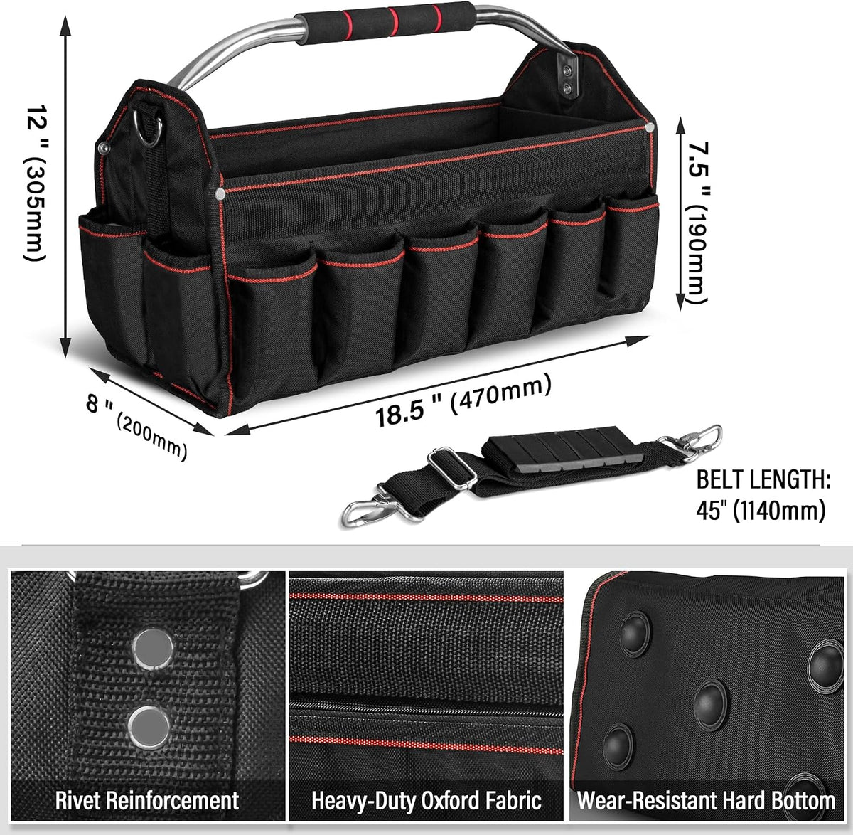 HAUTMEC 13 Inch Tool Bag, Foldable Open Top Tool Bag with Stiff Frame, Heavy-Duty Tool Tote with Padded Handle, Water-Resistant Base, Portable Tool Organizer for DIY & Jobsite Use – TB0001