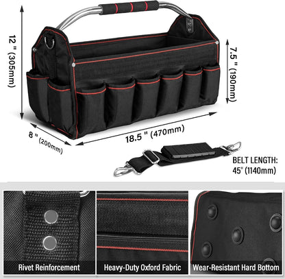 HAUTMEC 13 Inch Tool Bag, Foldable Open Top Tool Bag with Stiff Frame, Heavy-Duty Tool Tote with Padded Handle, Water-Resistant Base, Portable Tool Organizer for DIY & Jobsite Use – TB0001