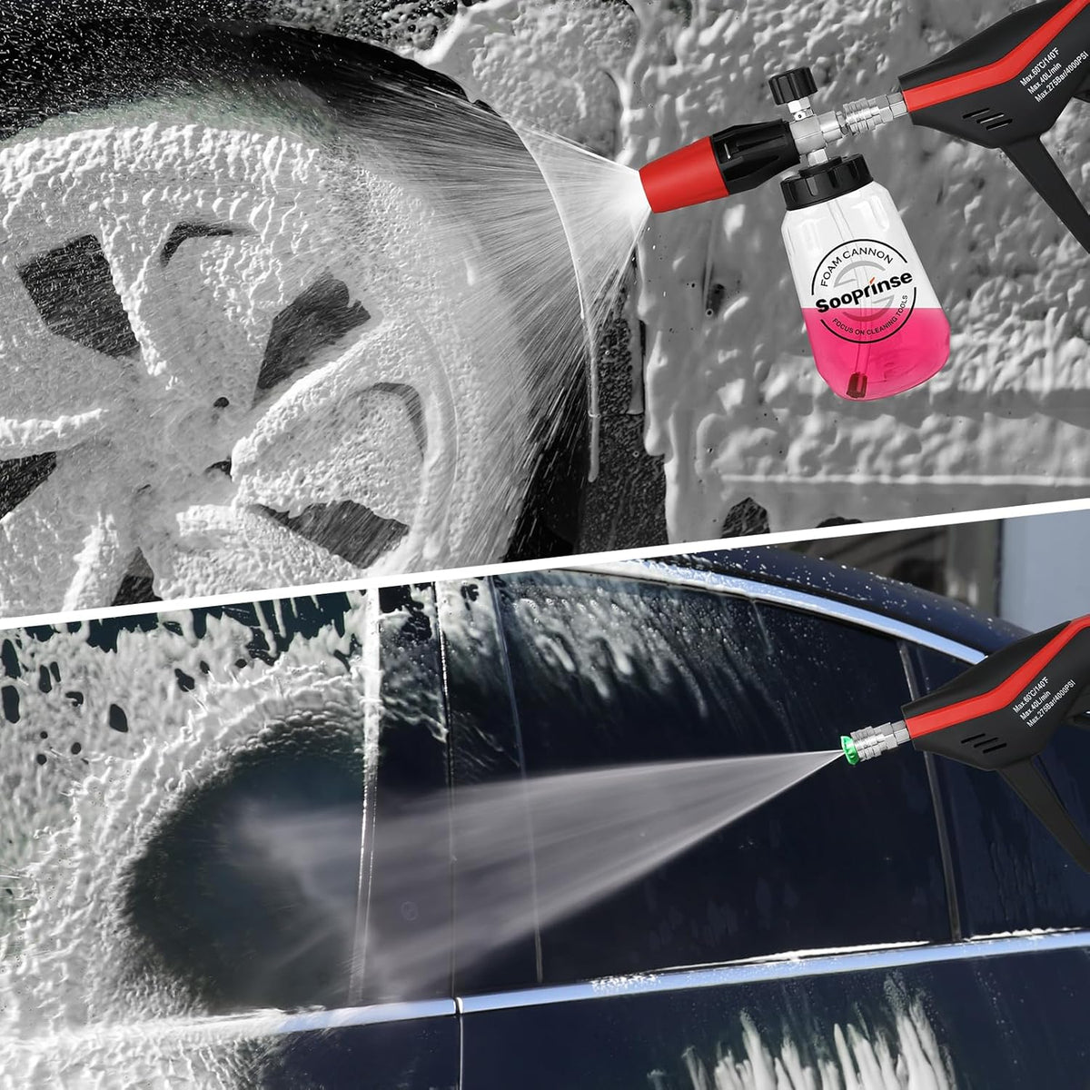 Sooprinse Short Pressure Washer Gun With Foam Cannon, High Pressure Snow Foam Lance, 1/4 Inch Quick Connector, Power Washer Blaster, Car Wash Mitt, 3000 PSI, 1 Liter