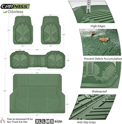 CAR PASS Heavy Duty Rubber Car Mats with Cargo Liner, Deep-Dish Car Floor Mats and Trunk Mat All Weather, Universal Trim-to-Fit for SUVs Trucks Sedans, Waterproof Anti-Slip, Trimmable V12 Black