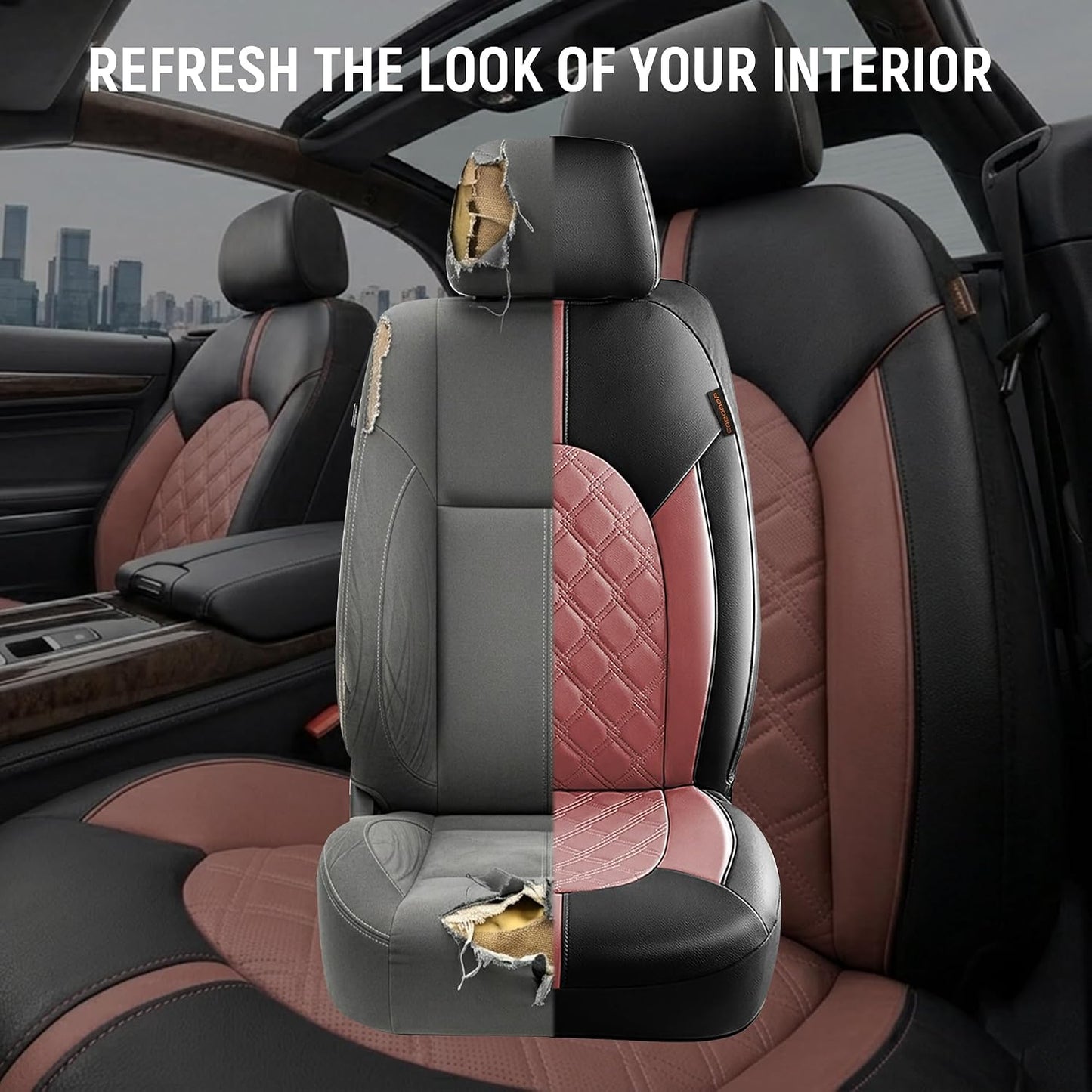 CAROMOP Luxury PU Leather Car Seat Covers Full Set-Waterproof Seat Protectors with Split Bench Seat Covers for Cars-Universal Cars Interior Covers for Sedans, SUVs, Pick-up Trucks(Gray/Gray Line)
