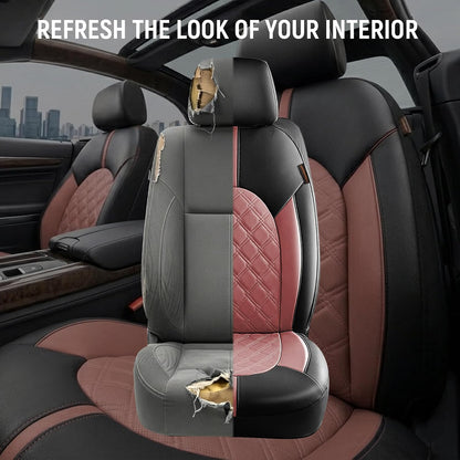 CAROMOP Luxury PU Leather Car Seat Covers Full Set-Waterproof Seat Protectors with Split Bench Seat Covers for Cars-Universal Cars Interior Covers for Sedans, SUVs, Pick-up Trucks(Gray/Gray Line)