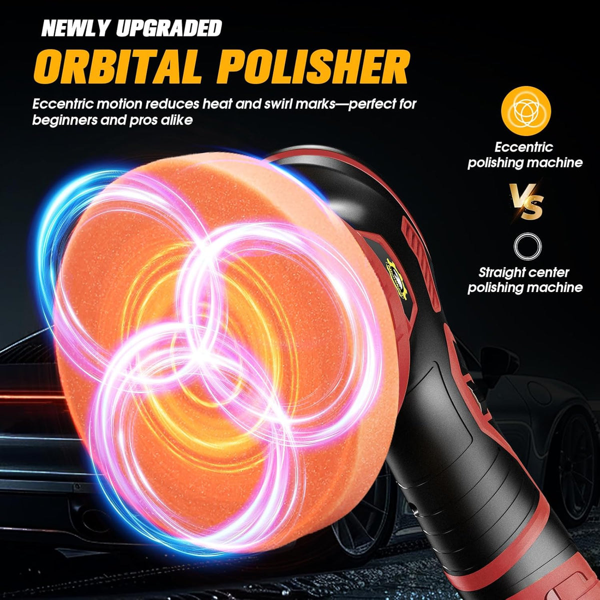 Cordless Car Buffer Polisher kit [2x 2000mAh 21V Batteries & 18 PCS Attachments] 6-Speed Orbital Design, LED Display, Lightweight Detailing Tool for Waxing, Polishing & Scratch Removal-Yellow