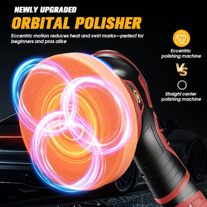Cordless Car Buffer Polisher kit [2x 2000mAh 21V Batteries & 18 PCS Attachments] 6-Speed Orbital Design, LED Display, Lightweight Detailing Tool for Waxing, Polishing & Scratch Removal-Yellow
