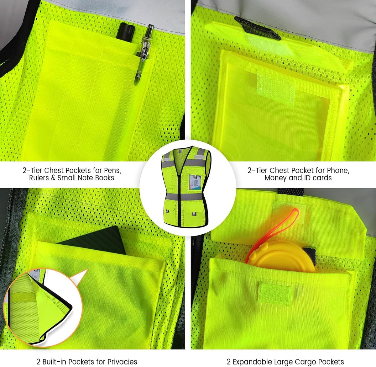 Reflective Vest for Women, Mesh Womens Safety Vest with 11 Pockets and Zipper, Hi Vis Neon Construction Work Vest for Lady Surveyors/Workers, Snugly-Fitted, ANSI Compliant (U-Yellow, S)
