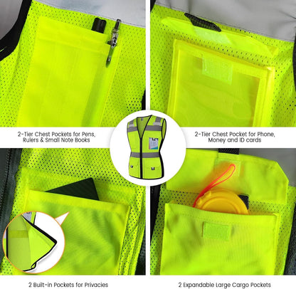 Reflective Vest for Women, Mesh Womens Safety Vest with 11 Pockets and Zipper, Hi Vis Neon Construction Work Vest for Lady Surveyors/Workers, Snugly-Fitted, ANSI Compliant (U-Yellow, S)