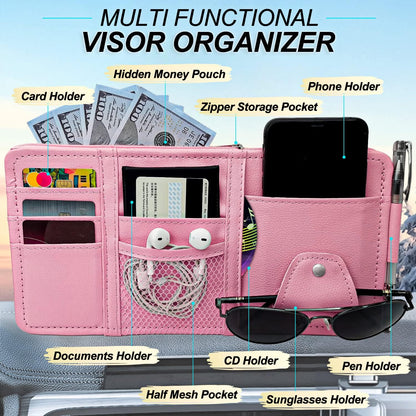 Keedolla Car Sun Visor Organizer, Truck Visor Organizer Car Sun Storage Pocket Pouch Case Bag for Sunglasses, Cards, Pens and Document - Pink