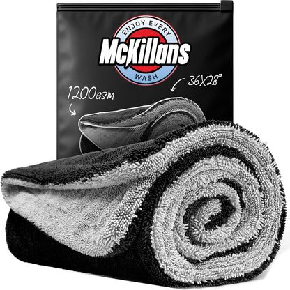 McKillans® Extra Large Dual-Color Car Drying Towel XL - Edgeless & Ultra Soft & Absorbent - 36" x 28" - 1200 GSM Twisted Loop Microfiber Towel for Cars - Drying Towel Car Detailing - Car Wash Towels