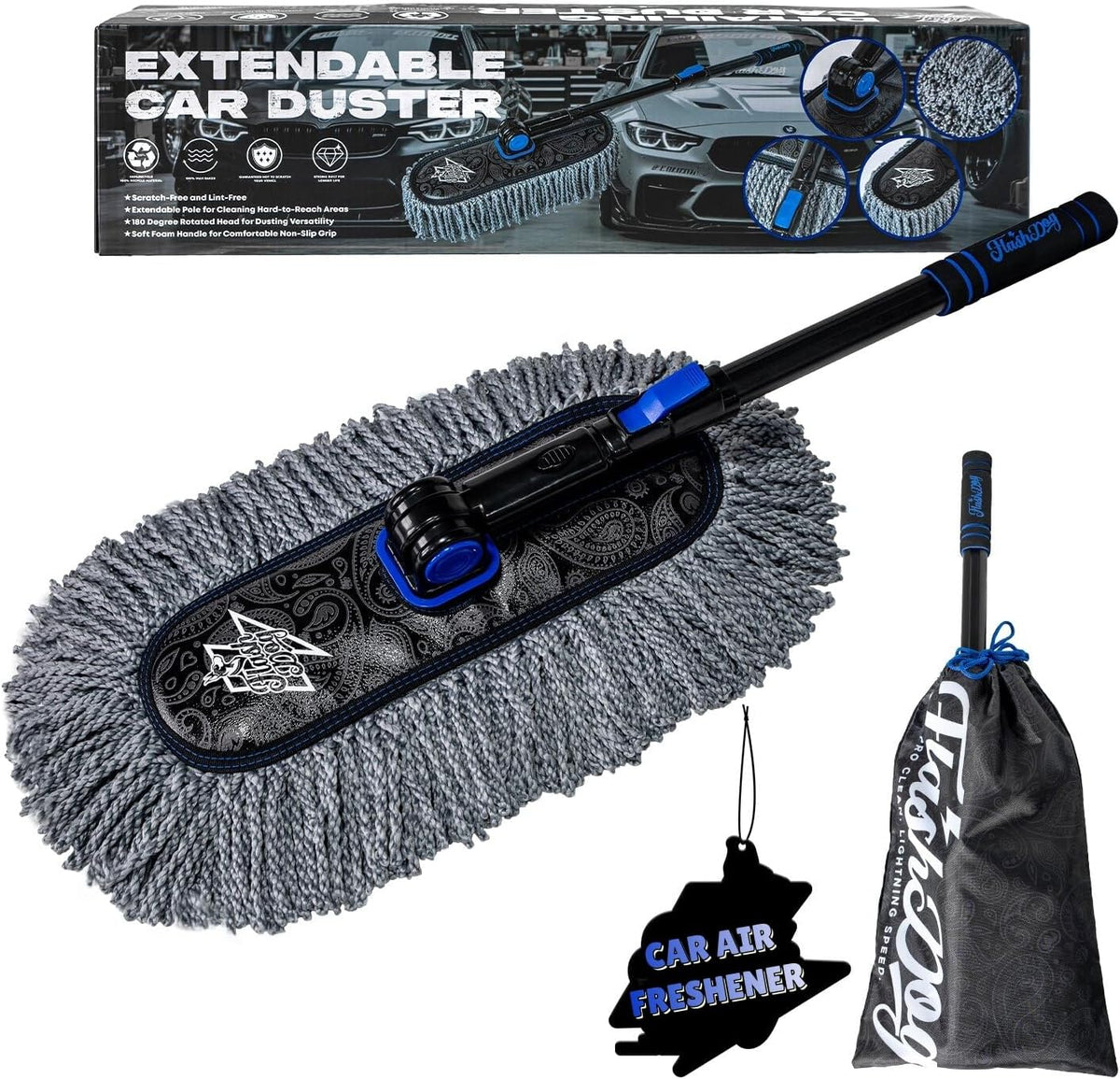 Flash Dog Car Duster Exterior & Interior Duster Aluminum Alloy Extendable Handle and Wax Cotton Strands Scratch-Free Cleaning for Cars, SUVs, RVs | Waterless Dust & Pollen Remover