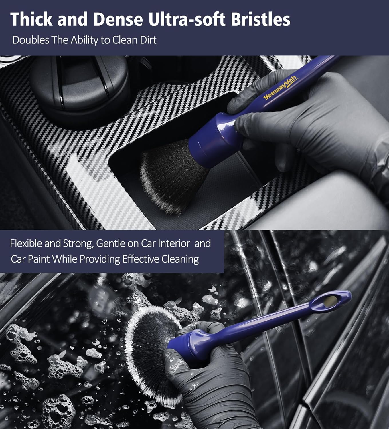 YeewayVeh Car Detailing Brush Set, 3 Pack Ultra Soft Boars Hair Detailing Brushes for Leather Seat Air Vents Engine Bay, Auto Detail Brushes Car Detailing for Interior Exterior, Indigo