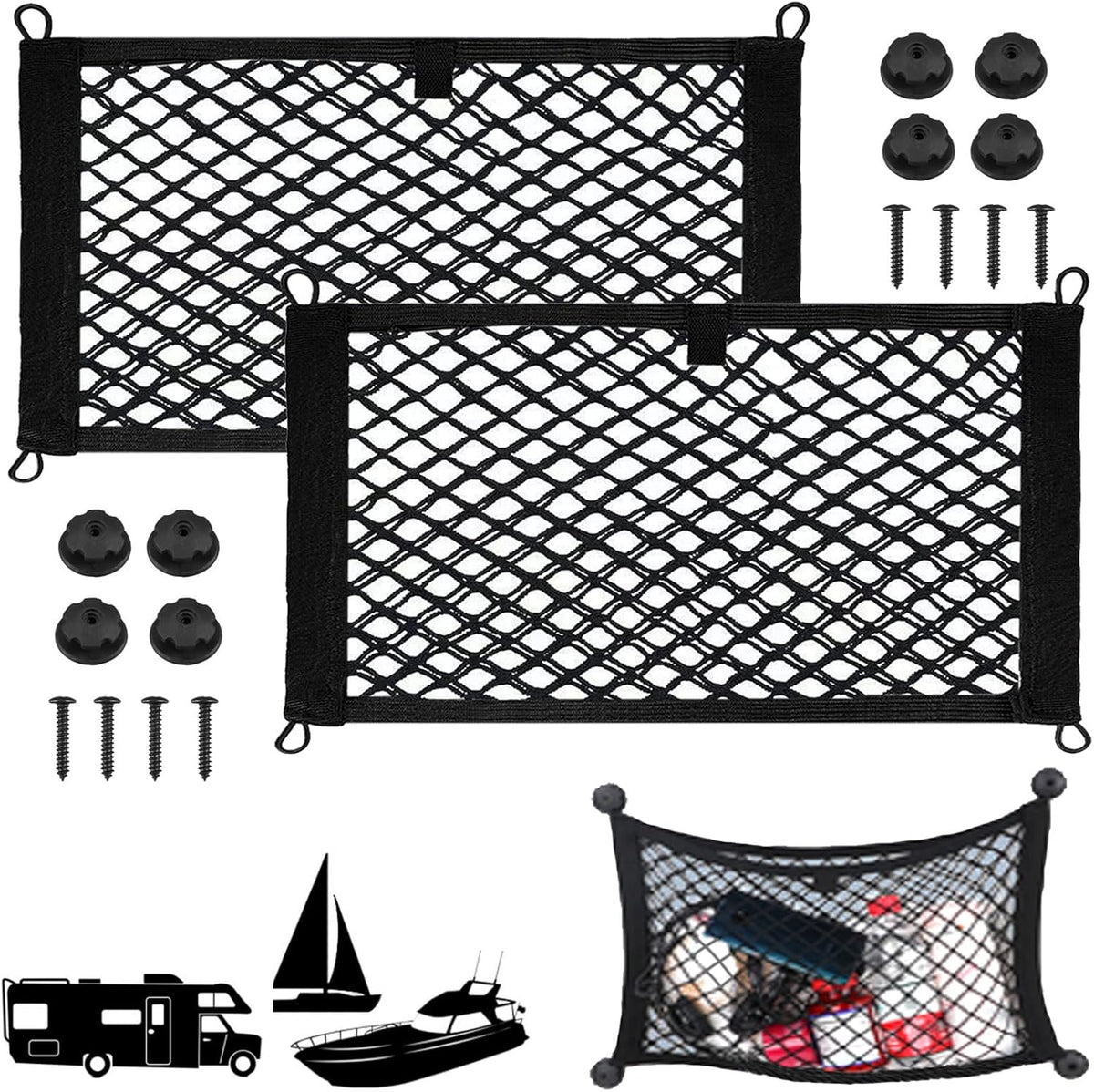 2 Pack Small Cargo Net Pocket Storage Mesh Net Elastic Automotive Cargo Nets Storage Pouch for Car Trunk Net, RV, Boat Storage Mesh Pocket Net with 8 Mounting Screws and Hooks (18 x 9.8 Inches)