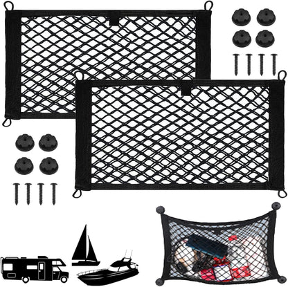 2 Pack Small Cargo Net Pocket Storage Mesh Net Elastic Automotive Cargo Nets Storage Pouch for Car Trunk Net, RV, Boat Storage Mesh Pocket Net with 8 Mounting Screws and Hooks (18 x 9.8 Inches)