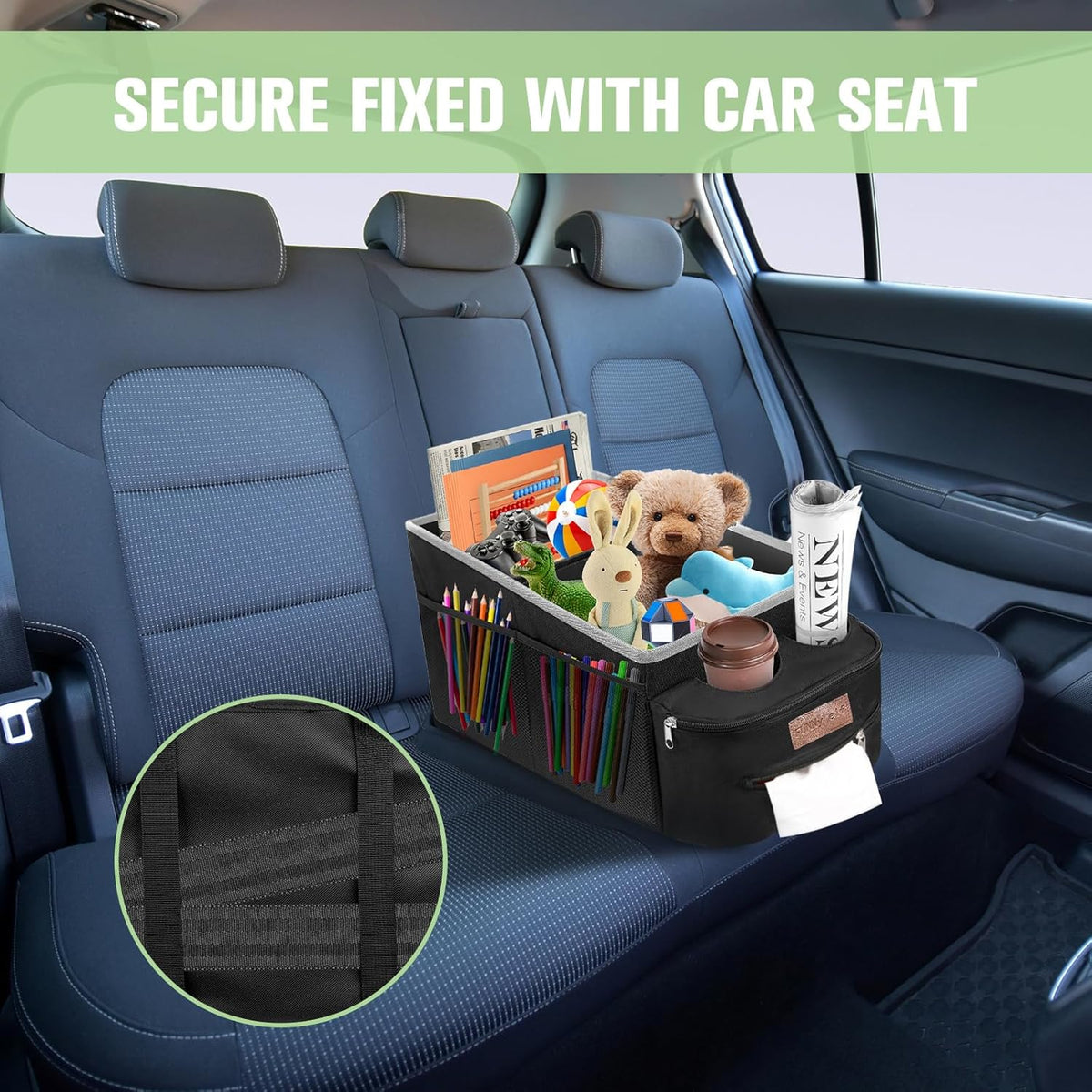 FUNNy elf Car Backseat Organizer for Cars, Collapsible Front Seat Organizer with 4 Cup Holders, Storage Pockets & Dividers, Passenger Seat Organizer for SUV, Truck, Sedan