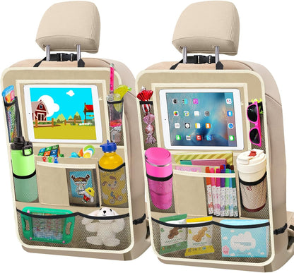 2Pack Car Backseat Organizer with Foldable Table Tray,6 Storage Pockets Car Storage Organizer with Tablet Holder,Car Seat Back Protectors Kick Mats Travel Accessories (Black)