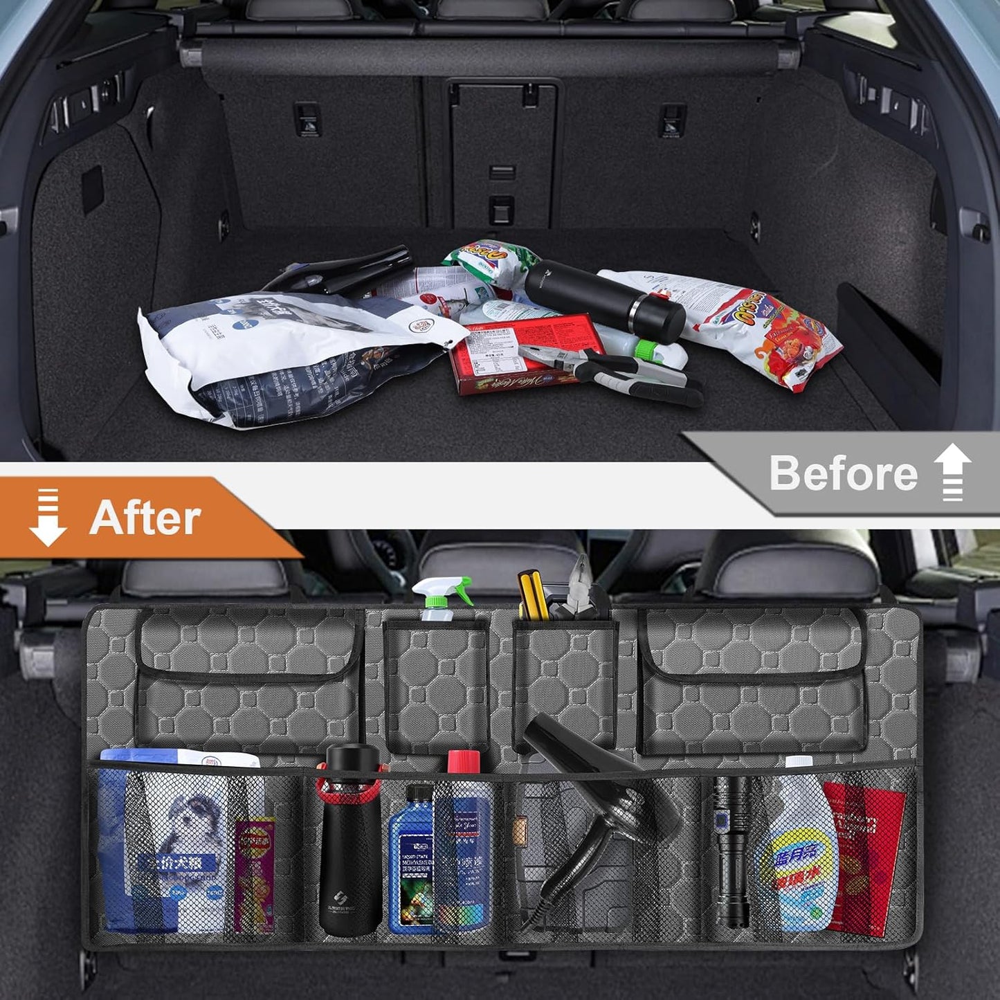 esouler Car Trunk Organizer, Super Capacity Backseat Car Organizer for SUV/Truck/MPV(42"*18"), Hanging Car Storage Organizer with 8 Pocekts, Car Accessories for Women and Men- Black