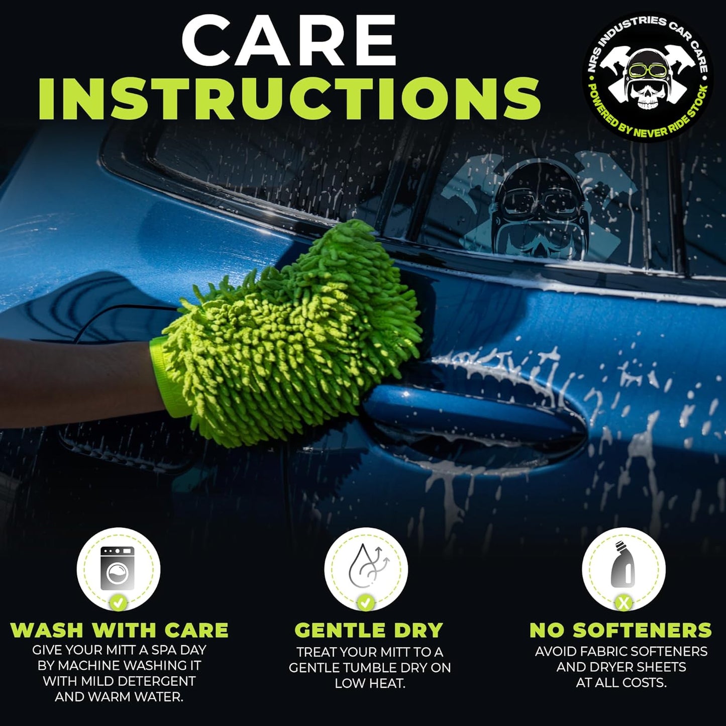 Never Ride Stock Microfiber Car Wash Mitt – Scratch-Free Chenille, Extra Thick & Ultra Absorbent – Safe for Black & Dark Paint – Lint-Free, Reusable Auto Cleaning Glove