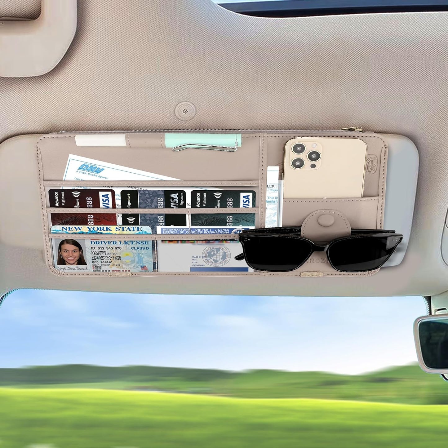 Leather Car Sun Visor Organizer for Cars, Trucks & SUVs: Features Sunglasses Holder, Secure Zipper Pockets, and 6 Clear Windows for Registration, Driver's License, and Insurance Card（black）