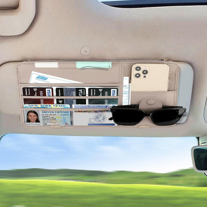 Leather Car Sun Visor Organizer for Cars, Trucks & SUVs: Features Sunglasses Holder, Secure Zipper Pockets, and 6 Clear Windows for Registration, Driver's License, and Insurance Card（black）
