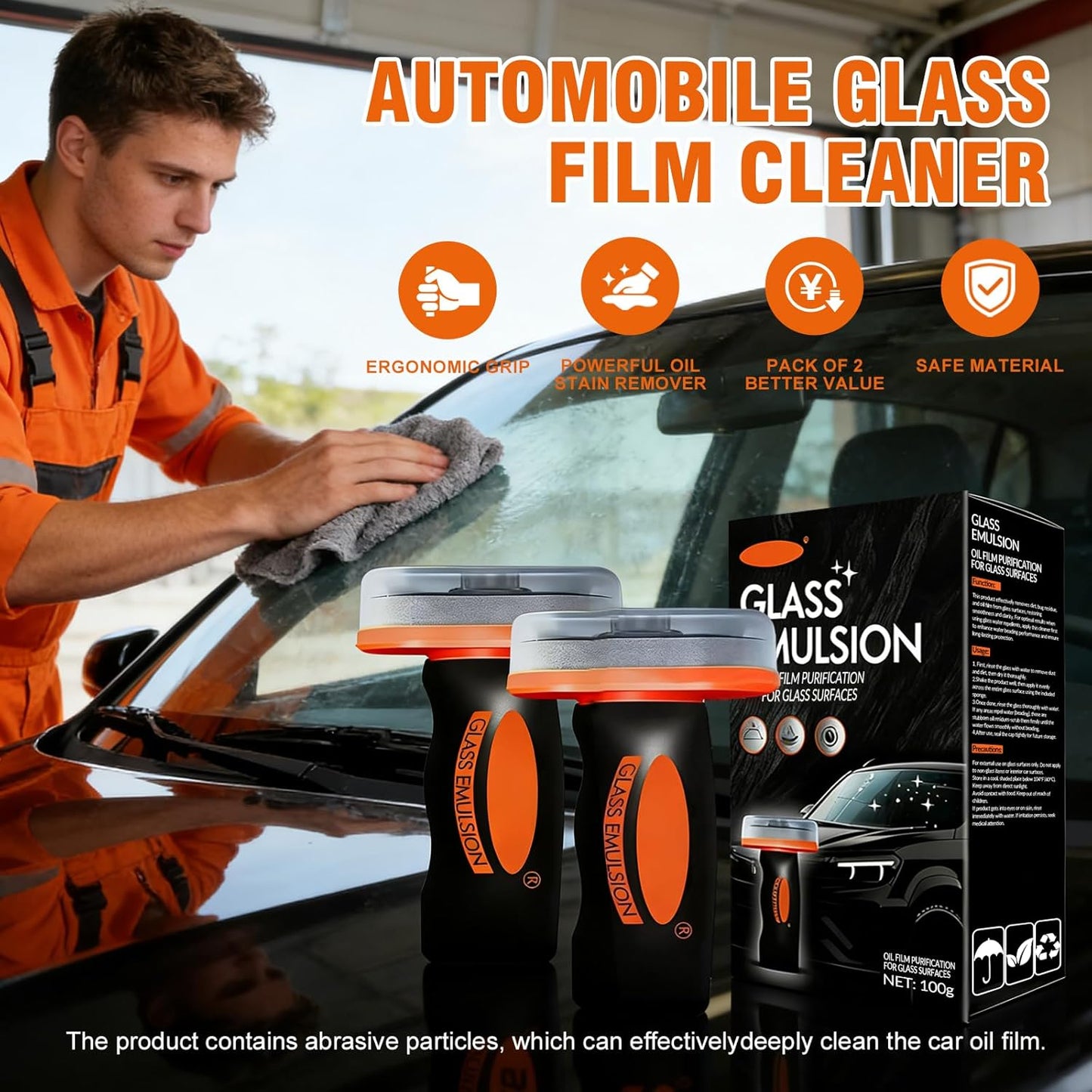 Glass Emulsion Cleaner & Glass Oil Film Remover for Cars – Roll-On Glass Guard with Brush, Removes Oil, Grease & Fog, Anti-Fog Windshield Cleaner for Clear Driving Visibility (Orange)