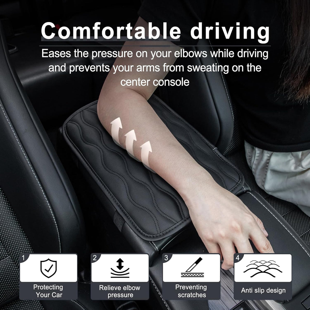 Amiss Car Center Console Cover, Upgraded Leather Car Armrest Cushion with 2 Storage Pockets, Universal Waterproof Cushion Pad, Non-Slip Car Interior Accessories, Fits Most Sedans SUVs Trucks (Black)