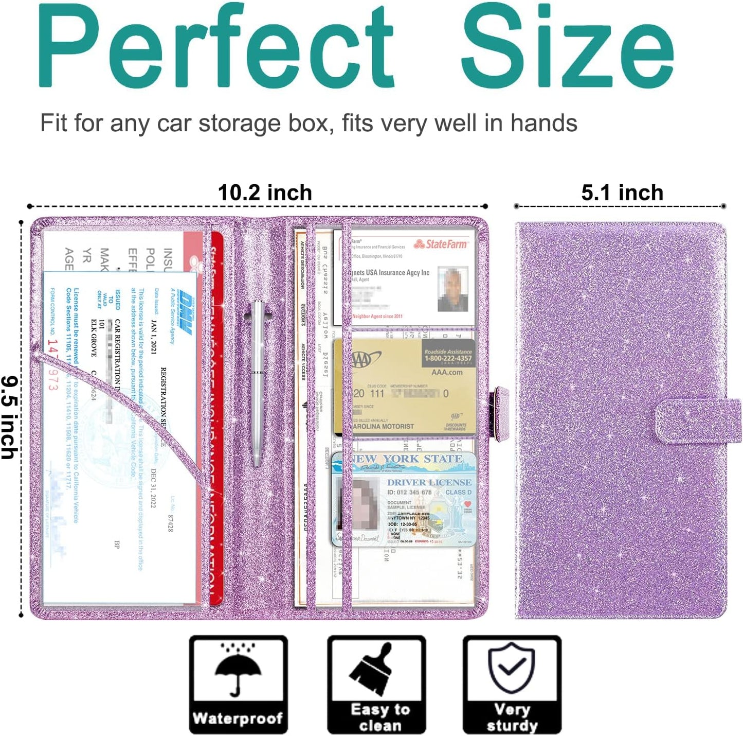 RSAquar Car Registration and Insurance Holder, Vehicle Glove Box Organizer Cool Car Accessories, Auto Truck Document Holder for Cards, Driver License, Black Glitter