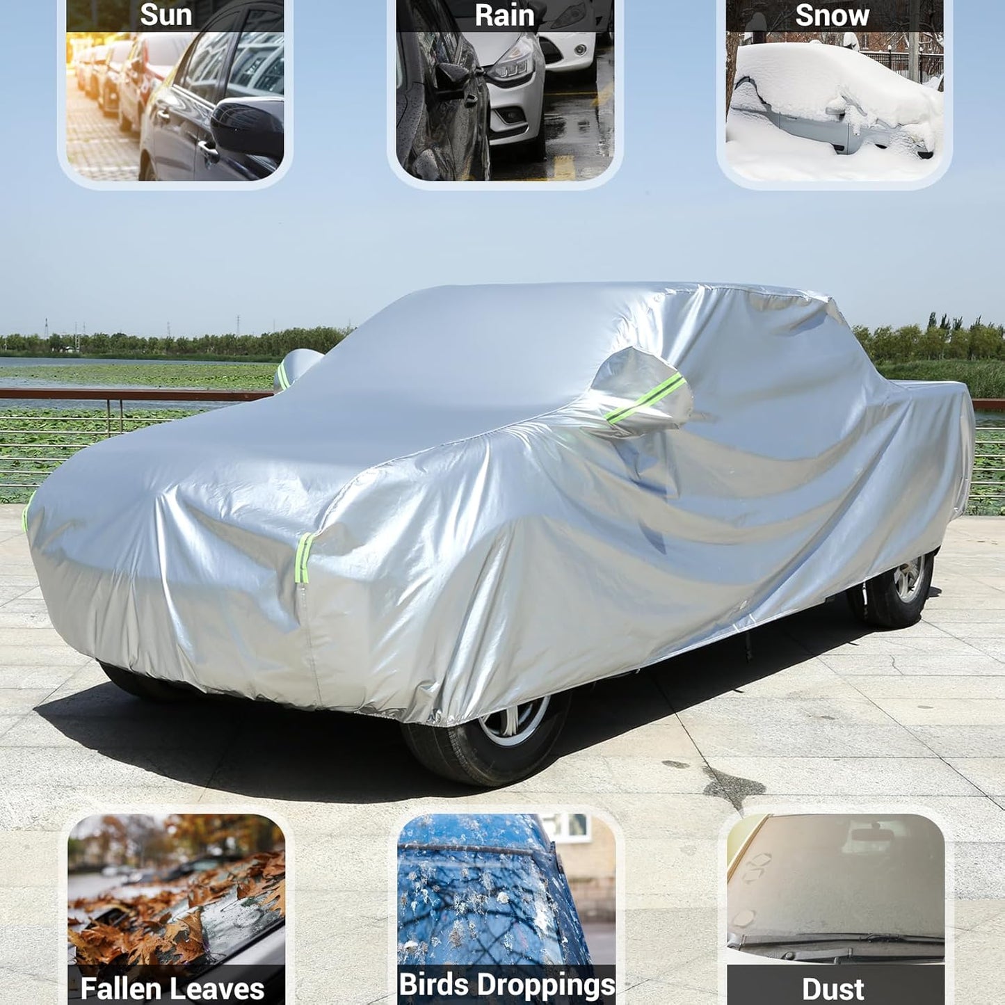 Tecoom Heavy Duty Multiple Layers Car Cover All Weather Waterproof Windproof Reflective Snow Sun Rain Protective Outdoor with Buckles and Belt Fit 191-200 Inches Sedan