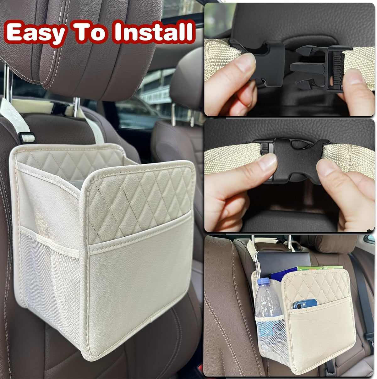 Witaxima Upgrade Car Seat Organizer Backseat with Storage Pockets, Multipurpose Car Organizer Hanging, Car Trash Bag Can,Premium PU Leather Garbage Can 2.14 Gallon Large Capacity, Black.