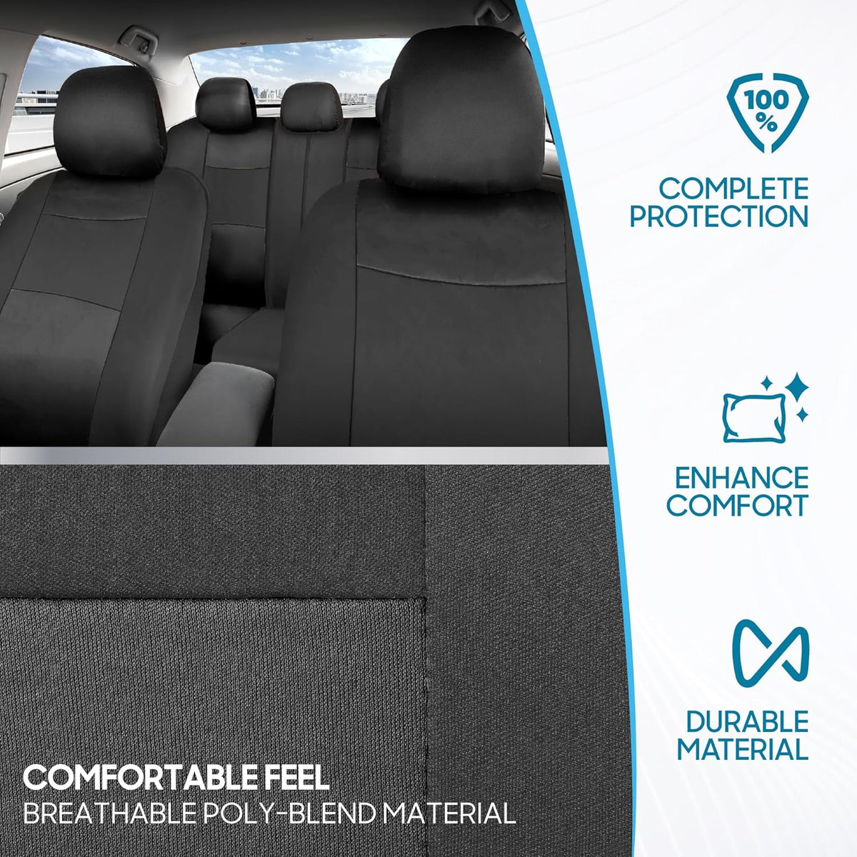 BDK PolyPro Car Seat Covers Full Set in Charcoal on Black – Front and Rear Split Bench for Cars, Easy to Install Cover Set, Accessories Auto Trucks Van SUV