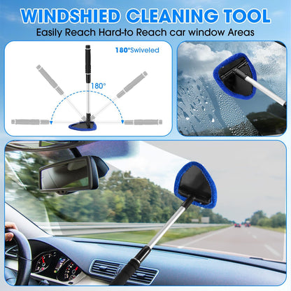 Windshield Cleaner Tool, Car Interior Cleaning Kit with Extendable Handle and 3 Reusable Microfiber Pads, Auto Glass Wiper and Detailing Brush Kit for Car & Home Window, Blue