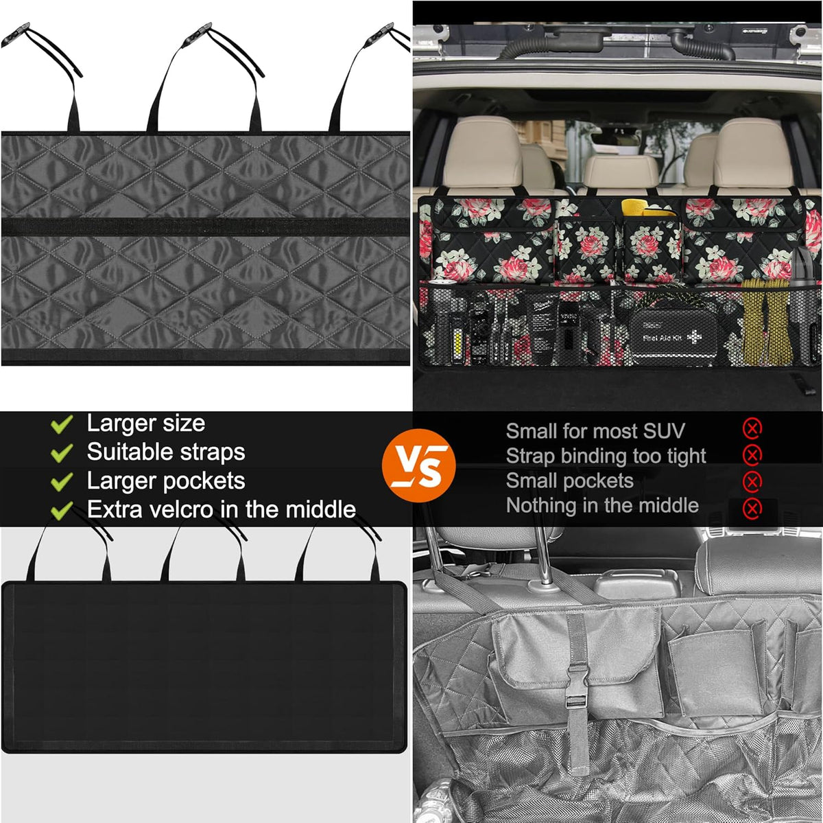 Femuar Car Trunk Organizer, Large Capacity Backseat Trunk Organizer (42"*18"), Collapsible Car Storage Bag with 8 Pockets, SUV/MPV/Truck - Black