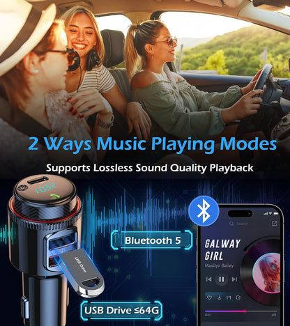 LIHAN Bluetooth 5.4 Car FM Transmitter,Wireless Radio Adapter with 48W(PD 30W USB-C & QC3.0) Fast Charging,Hands-Free Calls,HiFi Deep Bass,Siri/Google Assistant,Music Player for Cars/Trucks/Vans