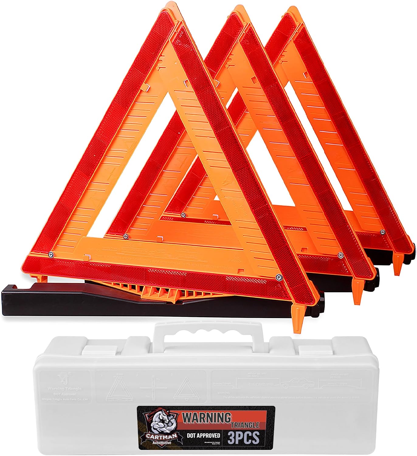 CARTMAN 3 Pack Warning Triangle DOT Approved, Identical to United States FMVSS 571 125 Reflective Warning Road Safety Triangle Kit with White Case