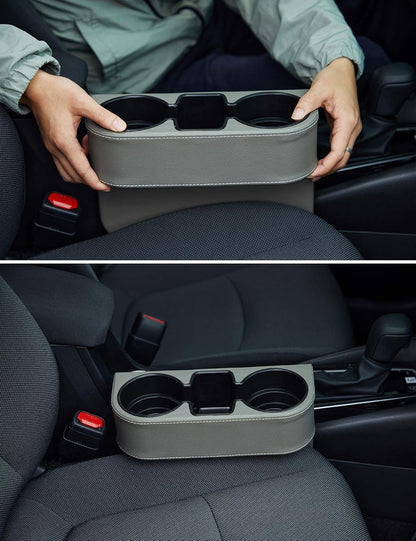 IOKONE Car Cup Holder, Auto Cup Drink Holders，Multifunctional Auto Front Seat Organizer with PU Leather Cover, Gap Filler Storage Box Coin Bucket Console Side Pocket Cell Mobile Phone Holder (Black)