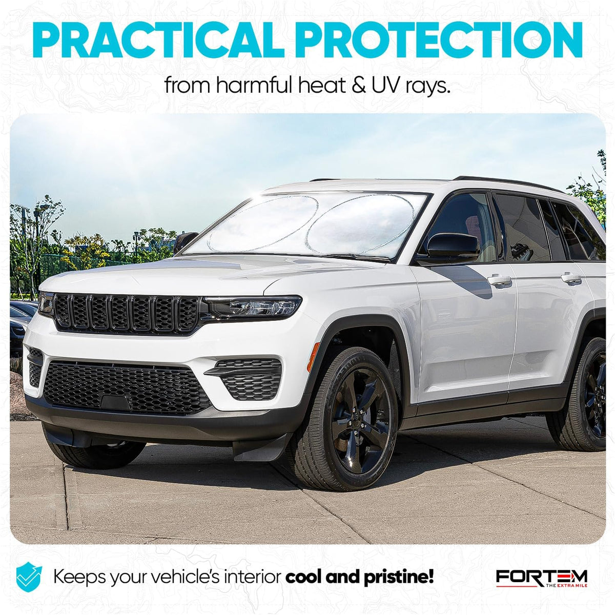 FORTEM Car Sun Shade for Windshield, Reflective Windshield Sunshade, 240T Polyester, Automotive Interior Sun Protection, Ultimate Heat and UV Shield, Foldable, Storage Bag