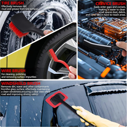 32Pcs Red Car Detailing Kit – Brush Set & Cleaning Kit with Drill Brush, Polishing/Waxing Pads, Interior/Exterior Tools for Wheels & Windshield – Portable Handbag
