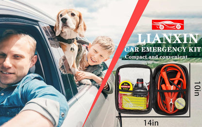 LIANXIN Car Roadside Emergency Kit, with Jumper Cables Automotive Kit,Car Safety Roadside Assistance Kit Headlamp,Tow Straps, Safety Hammers, Rainwear, Gloves.Black