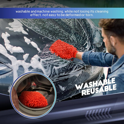 wuyaoyao 2PCS Car Wash Mitt, 10.14"×7.12" Chenille Microfiber Car Wash Mitts, Scratch-Free & Lint-Free, Absorbent Double Sided Clean Glove for Cars Cleaning, Auto Cleaning Supplies (Orange)