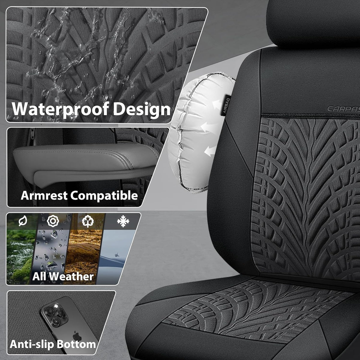 CAR PASS Car Seat Covers Full Sets, Front & Split Rear Bench for Car, 3D Tyre Embossed Automotive Interior Covers, Airbag Compatible, Quick Setup Universal Fit Seat Covers for Car, SUV(Charcoal)