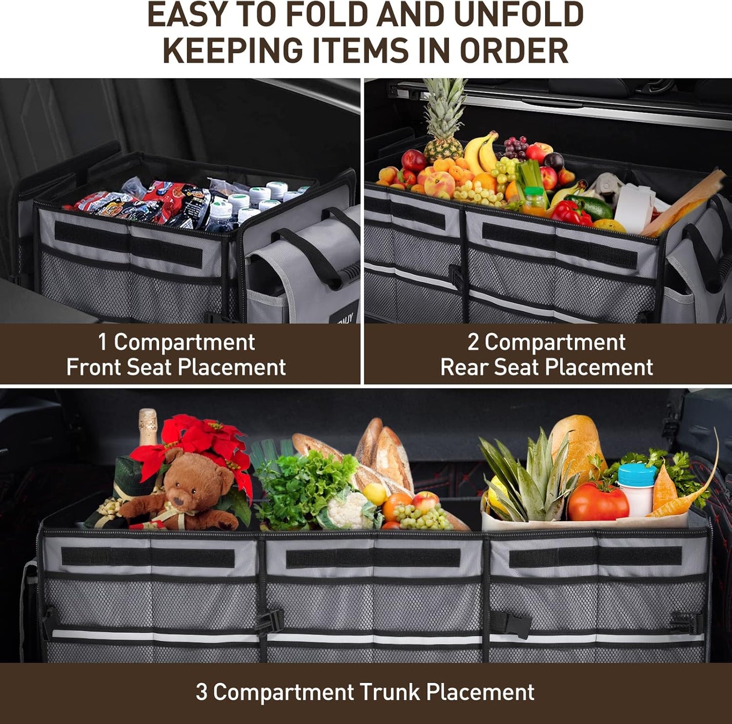 HIRALIY 4 in 1 Car Trunk Storage Organizer with Leakproof Cooler Bag, Multi-Compartment Foldable Trunk Storage Box for Car Truck SUV Black