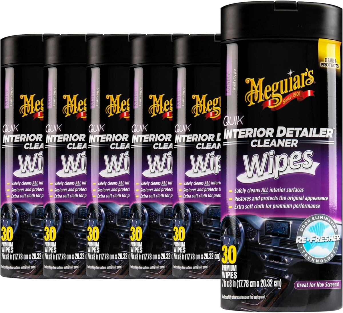 Meguiar's Quik Interior Detailer Wipes G13600, 6 Pack of 30 Count, 180 Total, Dashboard and Trim Cleaner for Leather, Vinyl, Rubber, Metal, LCD, Navigation Screens, Non-Greasy Touchups