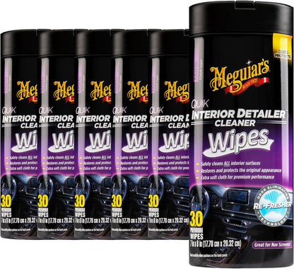 Meguiar's Quik Interior Detailer Wipes G13600, 6 Pack of 30 Count, 180 Total, Dashboard and Trim Cleaner for Leather, Vinyl, Rubber, Metal, LCD, Navigation Screens, Non-Greasy Touchups