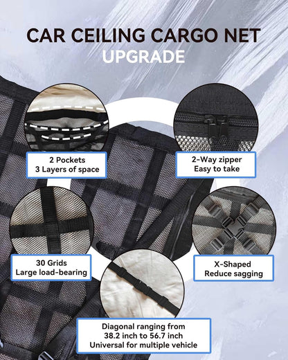 Car Ceiling Cargo Net with 2 Pockets - 35.4"x25.5" Cross-Strap Reinforced Double-Layer Mesh Organizer, Adjustable for SUVs - Road Trips, Camping, Commuting Storage Organization - Black