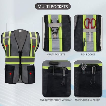 High Visibility Reflective Safety Vest with Zipper and Pockets Orange,M