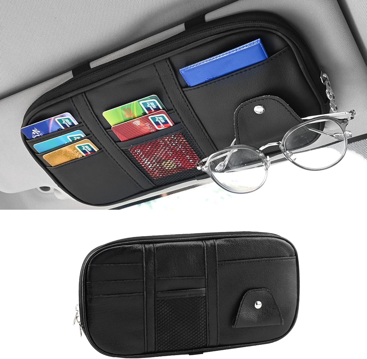 Car Sun Visor Organizer, Multi-Pocket PU Leather Sunglass Holder and Storage Pocket with Net Zipper, Card Sleeve Pocket Organizer, Auto Interior Accessories for Vehicle, Truck, SUV (Gray)