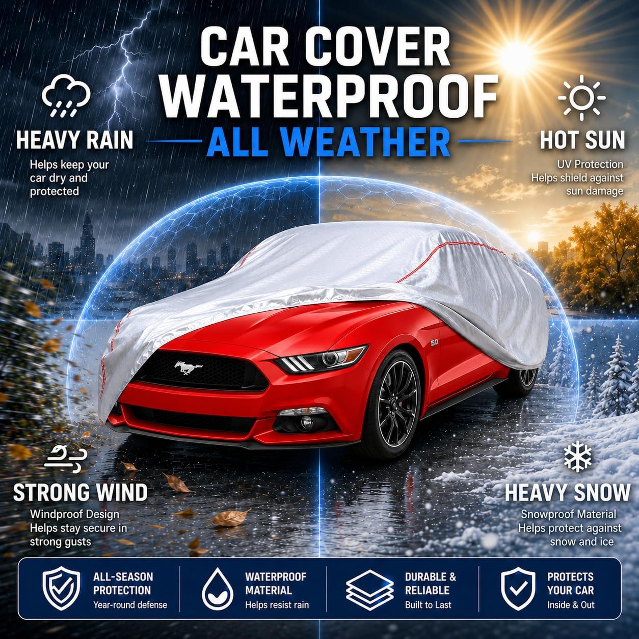 Car Cover for Sedan, Waterproof All Weather Heavy Duty, 360° Underbody Wrap Windproof Design, Quick Install Outdoor Vehicle Cover, Fits 186-193 in