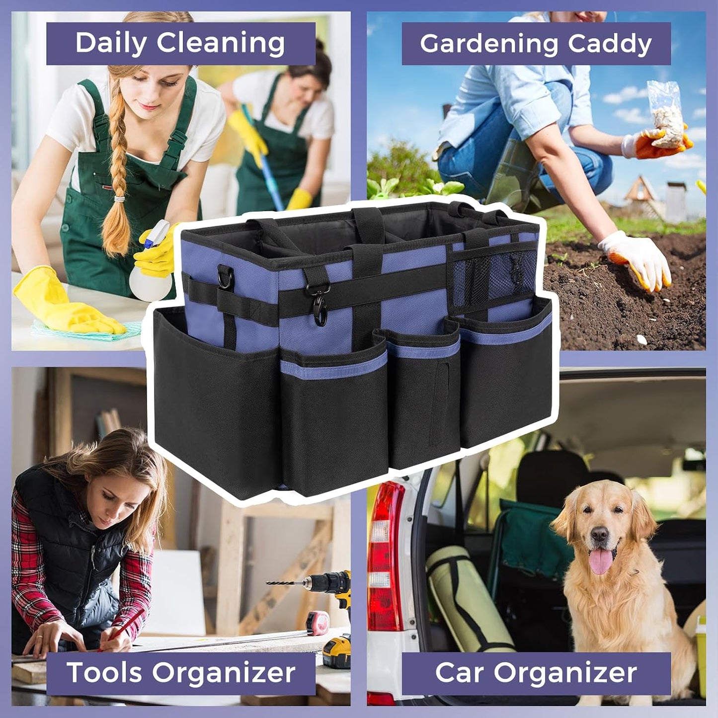 SCAVATA Wearable Cleaning Caddy Organizer with Handle & Shoulder Straps for Housekeepers, Under Sink & Car Cleaning Tool Organizer Bag with 4 Foldable Dividers (Green)