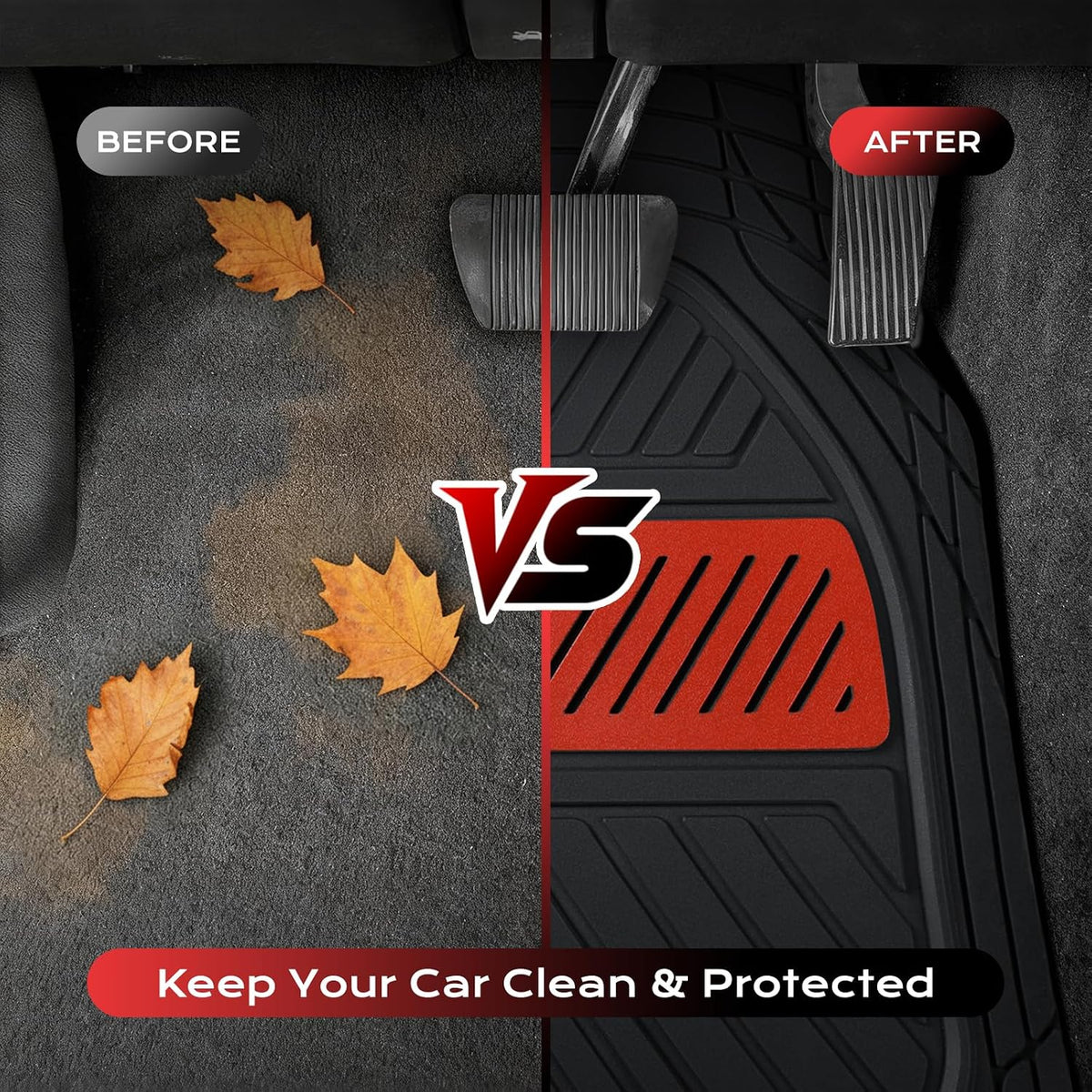 Coverado Car Floor Mats All Weather Waterproof Deep Dish Anti-Slip Car Mats Set, Heavy Duty Rubber Floor Mats for Cars, Universal Trim to Fit Automotive Floor Mats for Cars Trucks SUV, Black&Red