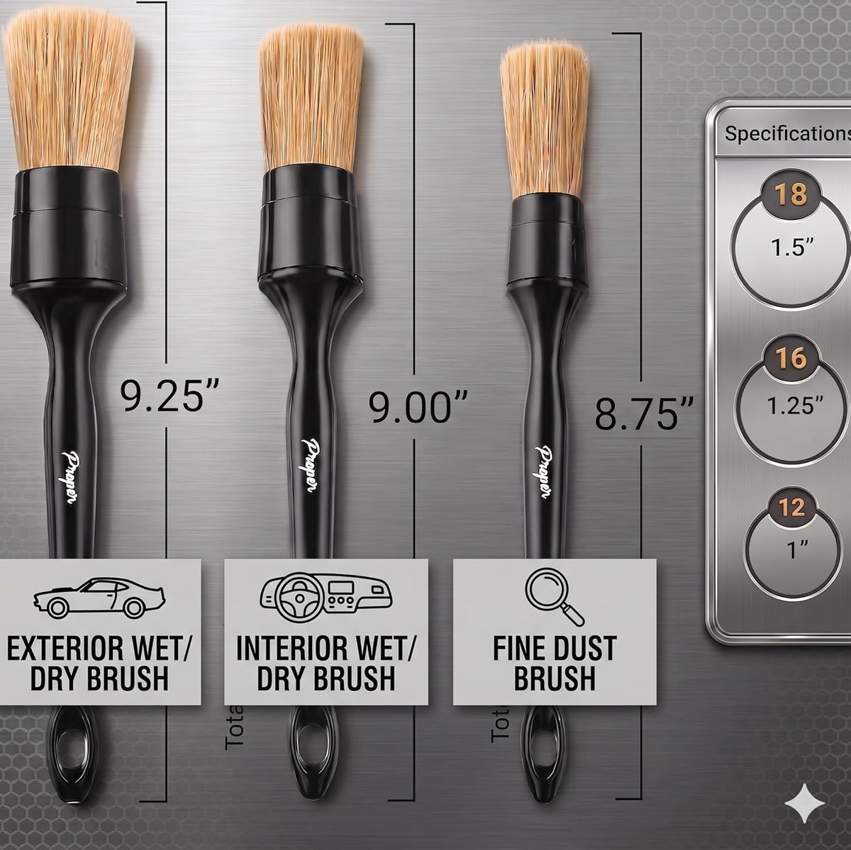 Premium Car Detailing Brush Set - Professional 3 Pack Kit Detail Brushes with Soft Boars Hair Bristles for Auto Interior & Exterior - for Cleaning Leather Seats, Air Vents, Wheels & Emblems